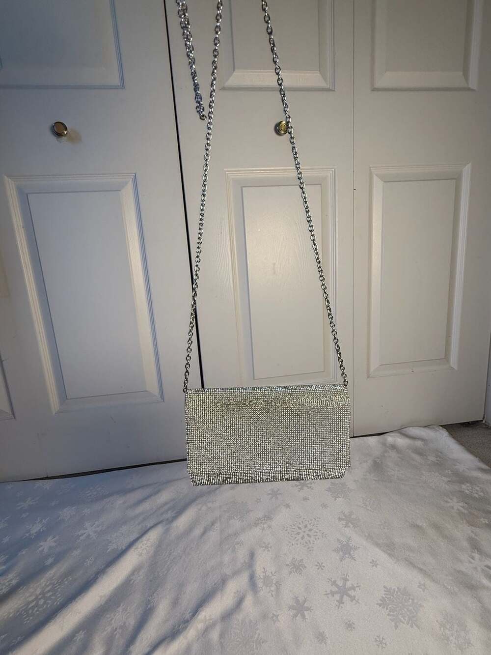 A ALDO Silver Rhinestone Crystal Envelope Clutch Chain Crossbody Evening Bag Y2K